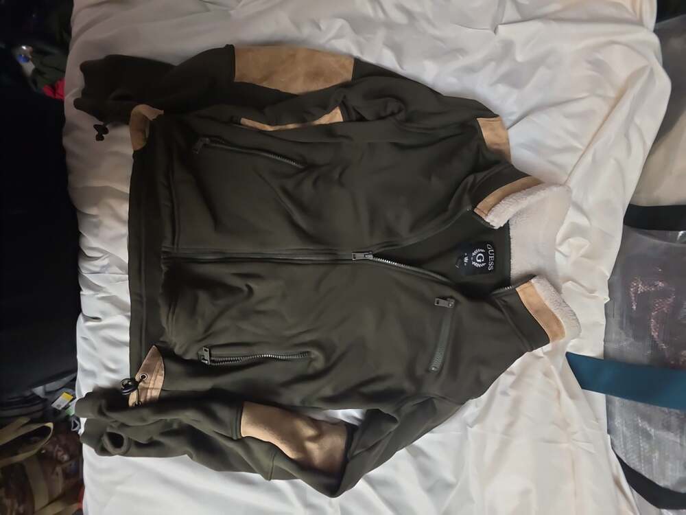 Guess Olive Green Full Zip Fleece Jacket With Suede Trim and Sherpa Collar